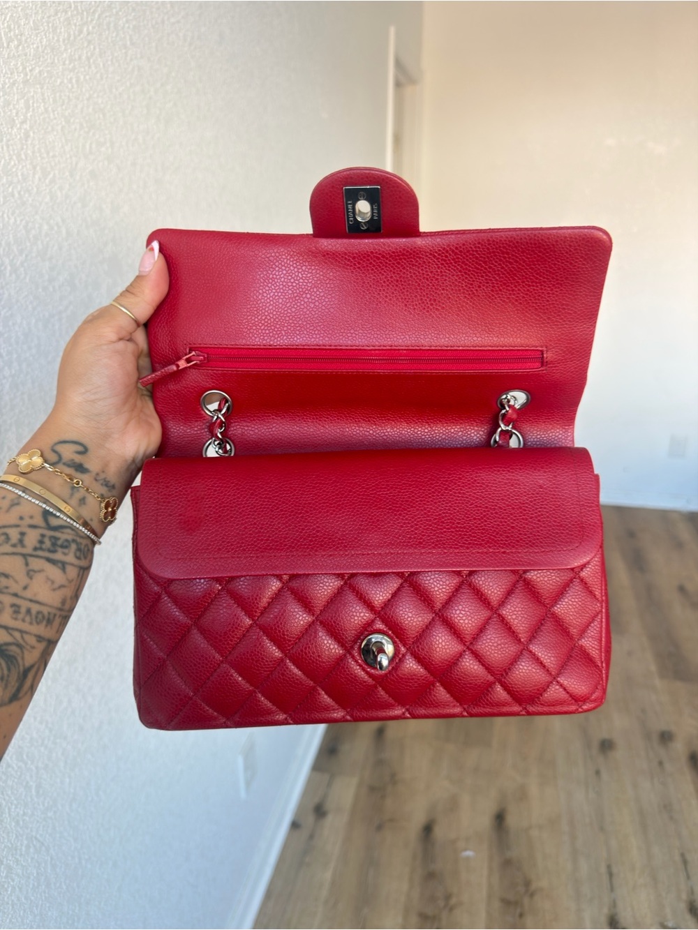 Medium CHANEL Double Flap Red with Silver Hardware - Picture 5 of 11